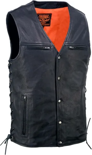 Milwaukee Leather MLM3517 Men's Black Premium Leather Classic V-Neck Side Lace Motorcycle Rider Vest