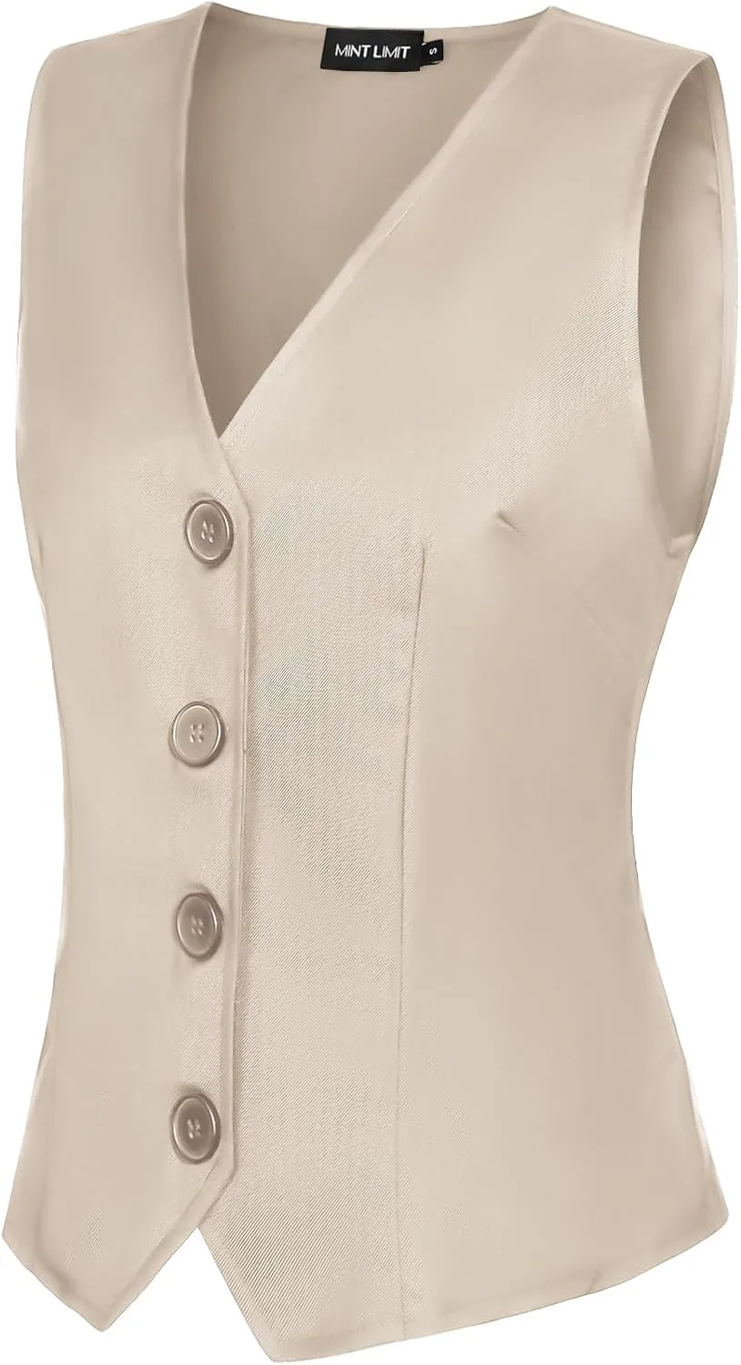 MINTLIMIT Womens Waistcoat Vest Dressy Casual Button Up Sleeveless Tuxedo Suit Vest Fitted Jacket Crop Top