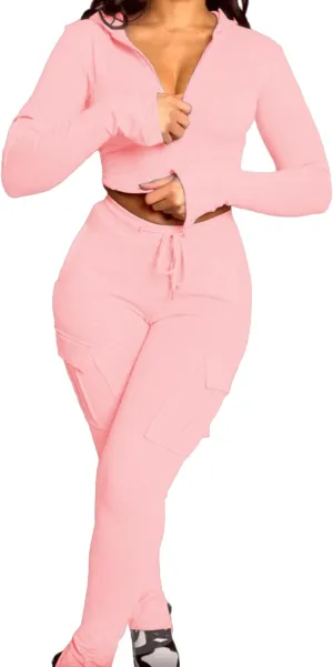 Molisry Women's 2 Piece Outfits Sweat Sets Hoodie Full Zip Up Long Sleeve Cropped Top Drawstring Cargo Pants Workout
