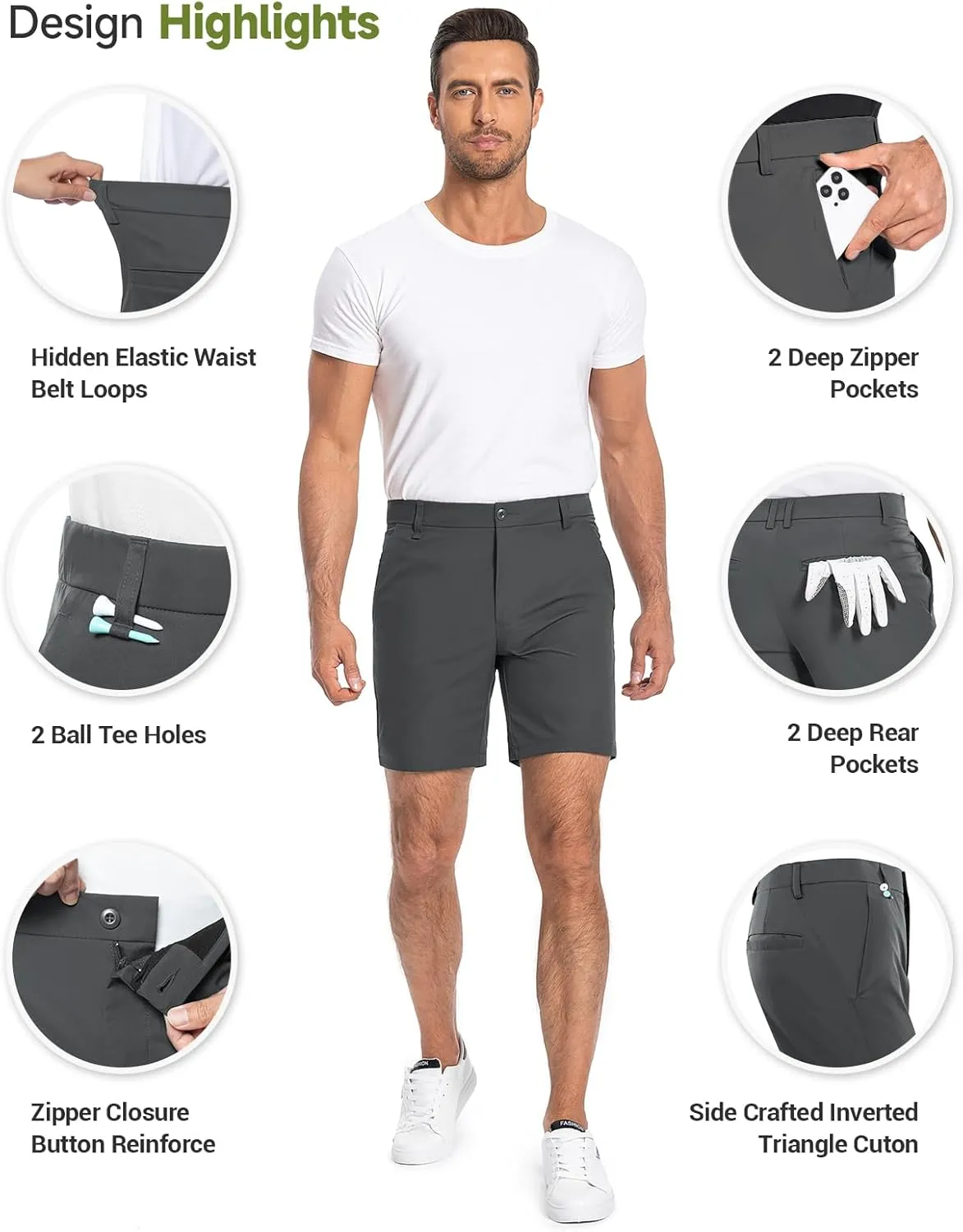 Moosehill Mens Golf Dress Casual Shorts 7" 10" Quick Dry Stretch Anti-Wrinkle Flat Front with 4 Pockets for Work Hybrid Chino