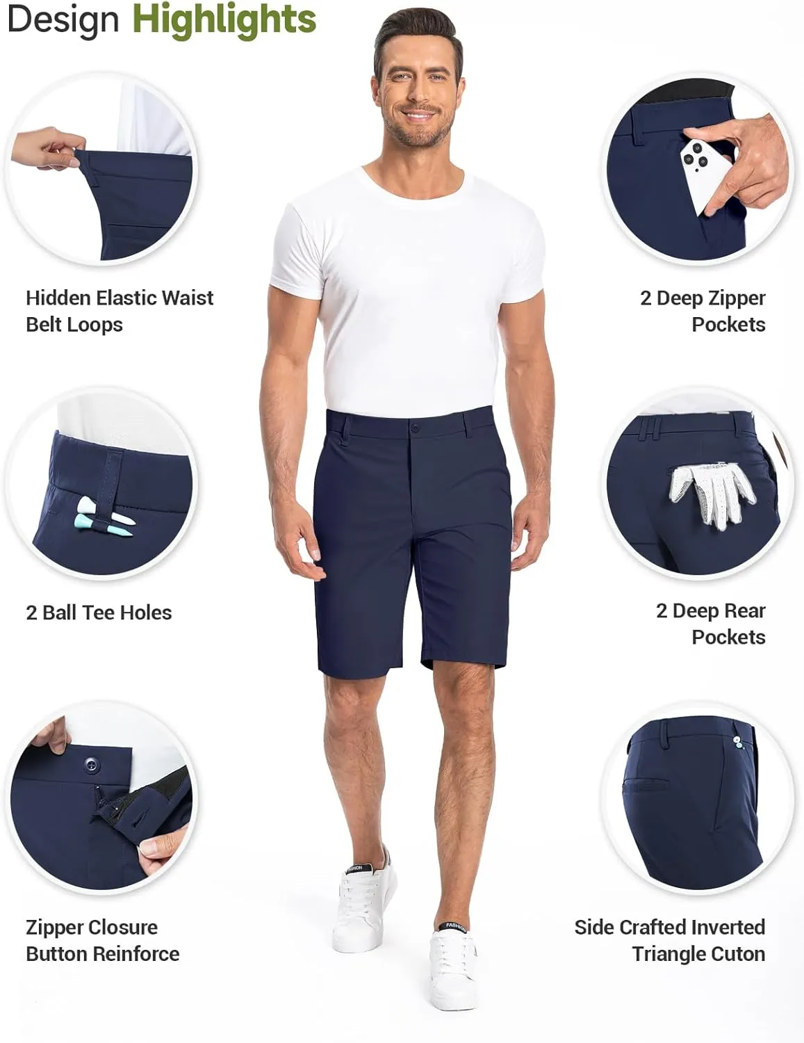 Moosehill Mens Golf Dress Casual Shorts 7" 10" Quick Dry Stretch Anti-Wrinkle Flat Front with 4 Pockets for Work Hybrid Chino