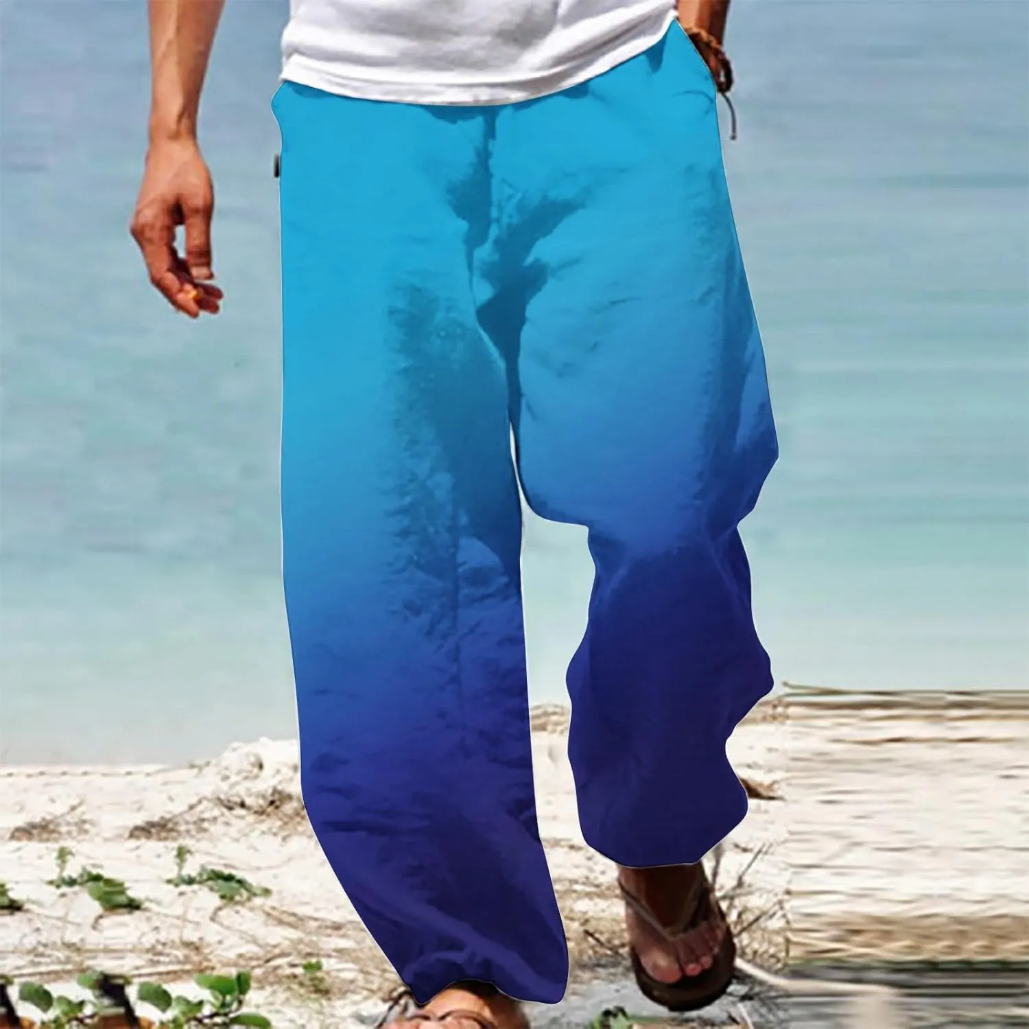 Muscularfit Mens Stretch Pants Casual Loose Drawstring Cotton Linen Straight Legs Fashion Gradient Color Stretch Trousers