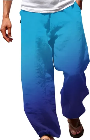 Muscularfit Mens Stretch Pants Casual Loose Drawstring Cotton Linen Straight Legs Fashion Gradient Color Stretch Trousers