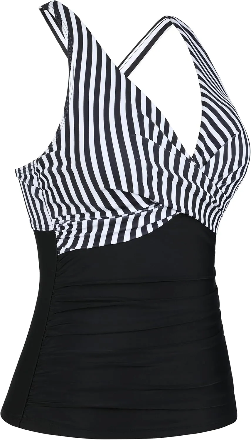 Mycoco Women's Underwire Tankini Top Twist V Neck Push Up Swim Top Ruched Bathing Suit Tops Only