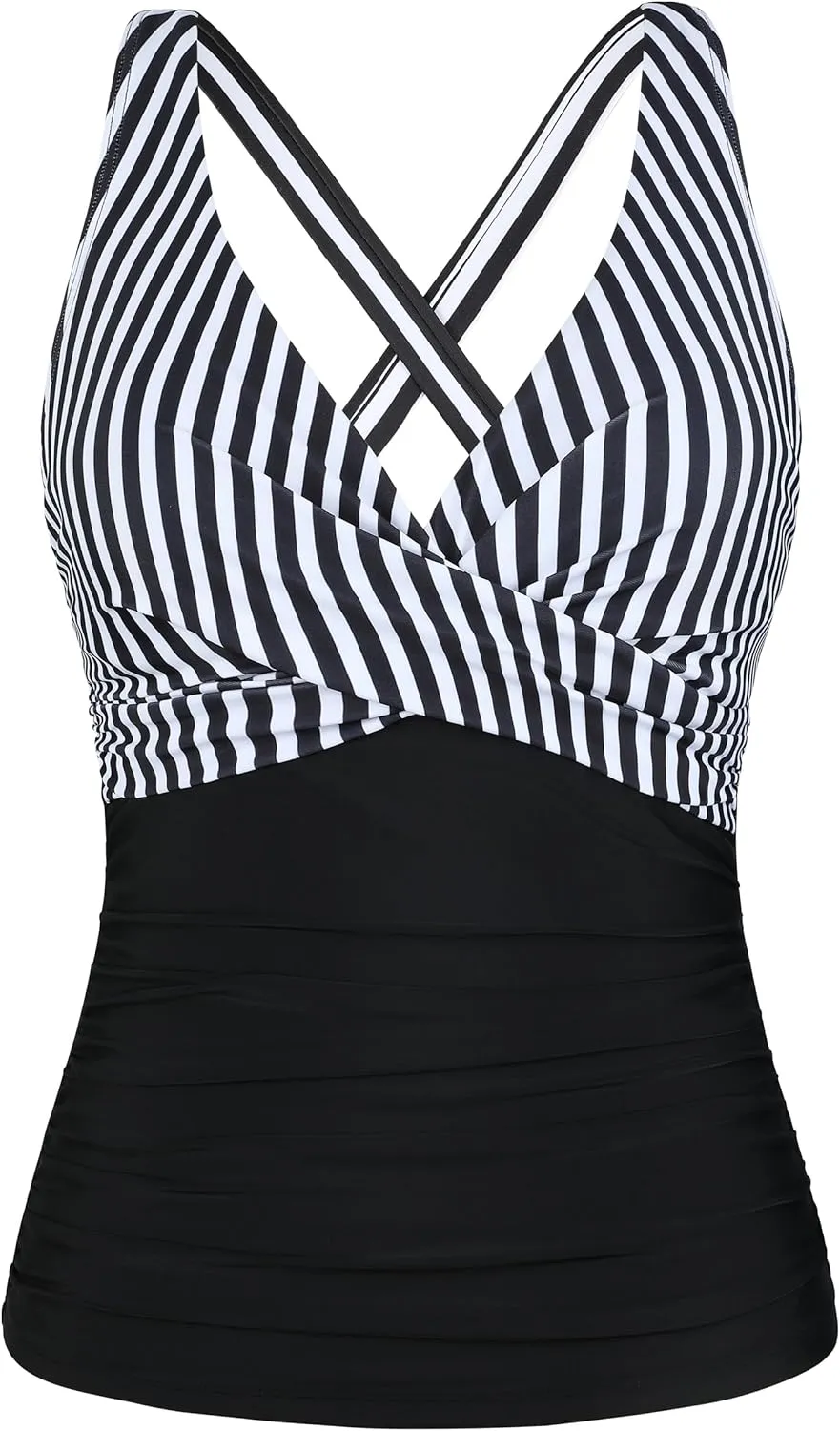 Mycoco Women's Underwire Tankini Top Twist V Neck Push Up Swim Top Ruched Bathing Suit Tops Only