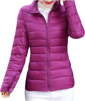 NaRHbrg Womens Winter Down Jacket Ladies Ultra Lightweight Fashion Zip Up Quilted Puffer Jacket Stand Collar Outerwear