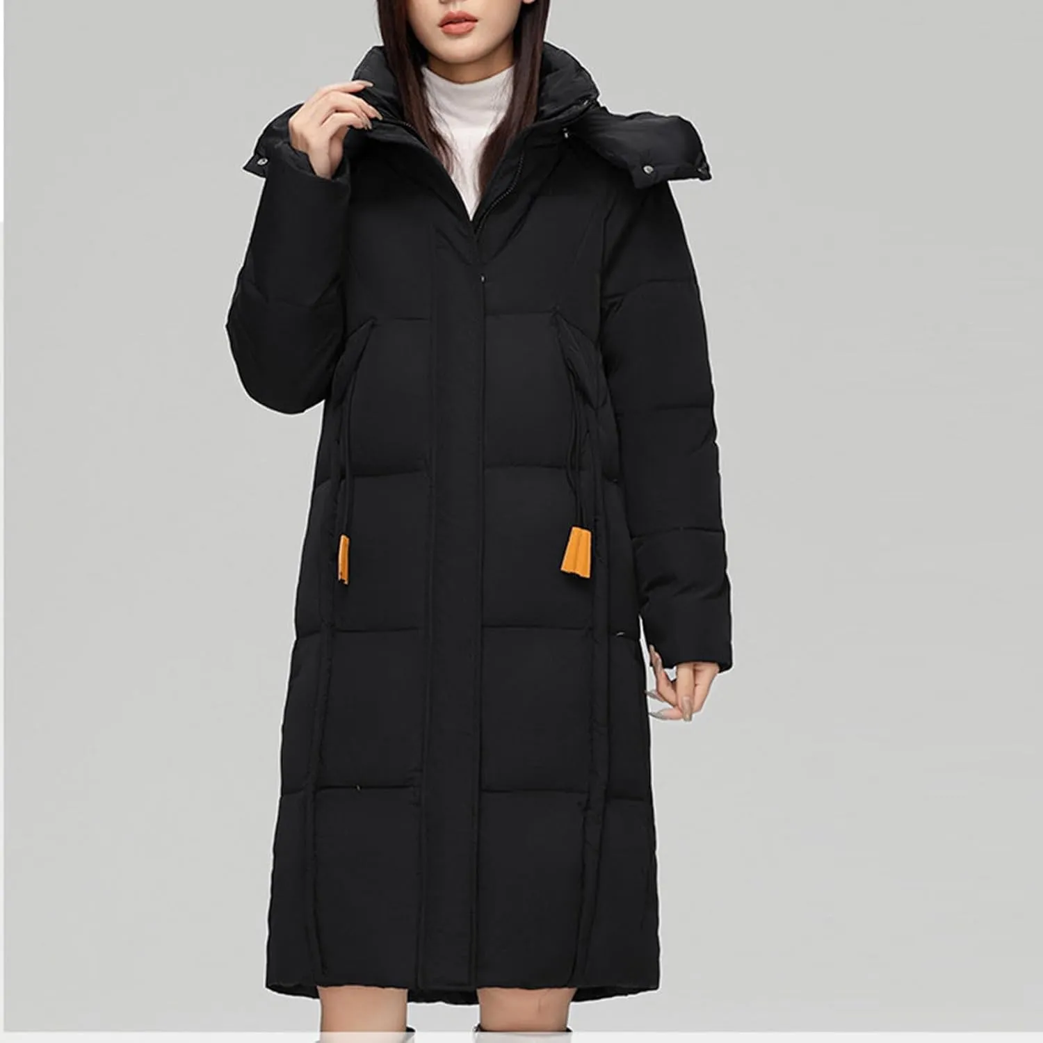 NATHGAM Long Down Coat Women Casual Turtleneck Thicken Winter Warm Hooded Puffer Coat Cotton Padded Zip Long Sleeve Outwears