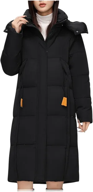 NATHGAM Long Down Coat Women Casual Turtleneck Thicken Winter Warm Hooded Puffer Coat Cotton Padded Zip Long Sleeve Outwears