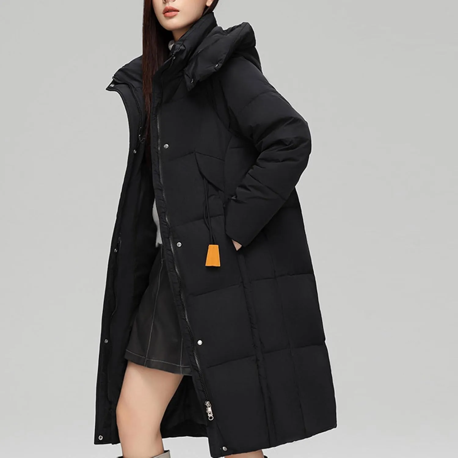 NATHGAM Long Down Coat Women Casual Turtleneck Thicken Winter Warm Hooded Puffer Coat Cotton Padded Zip Long Sleeve Outwears