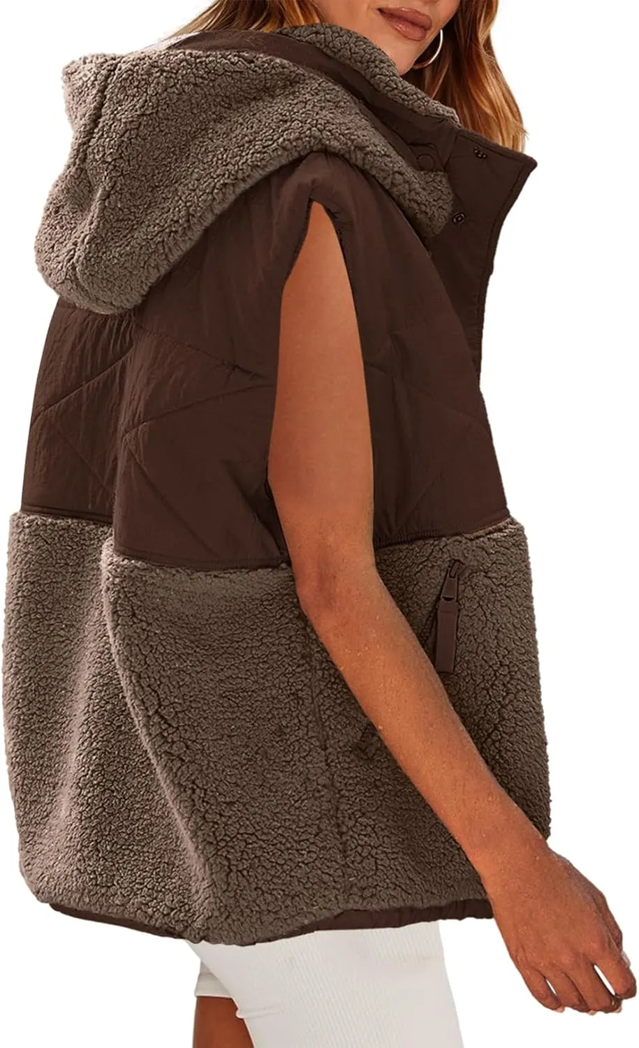 Nirovien Womens Oversized Quilted Vest Color Block Fleece Vest Button Down Padded Outwear Removeable Hooded with Pockets