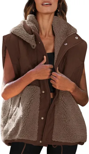 Nirovien Womens Oversized Quilted Vest Color Block Fleece Vest Button Down Padded Outwear Removeable Hooded with Pockets