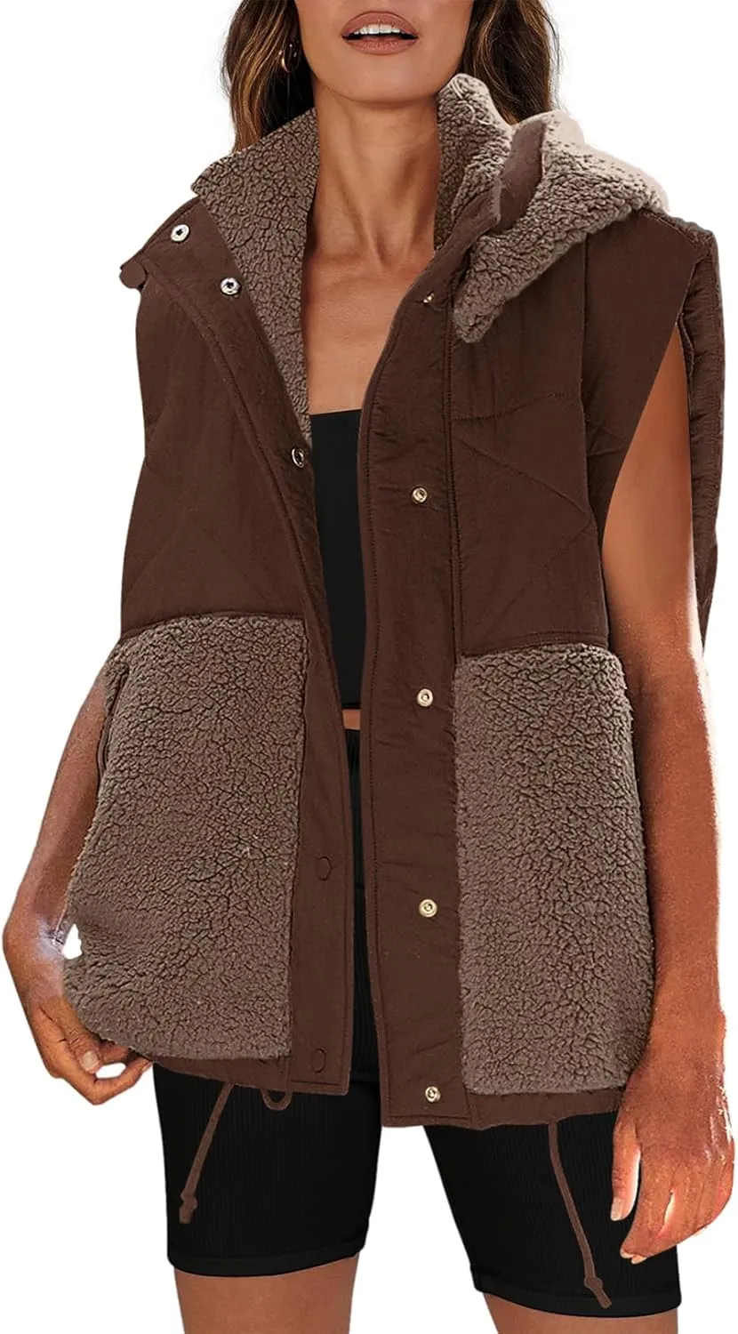 Nirovien Womens Oversized Quilted Vest Color Block Fleece Vest Button Down Padded Outwear Removeable Hooded with Pockets