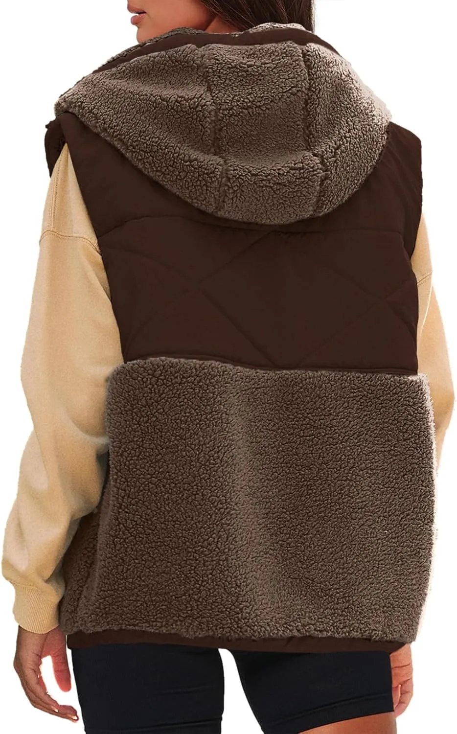 Nirovien Womens Oversized Quilted Vest Color Block Fleece Vest Button Down Padded Outwear Removeable Hooded with Pockets