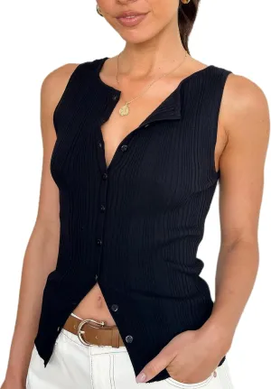 NUFIWI Women Ribbed Button Down Vest Sleeveless Crew Neck Open Front Shirt Tops Slim Fit Summer Casual Dressy Vest Top