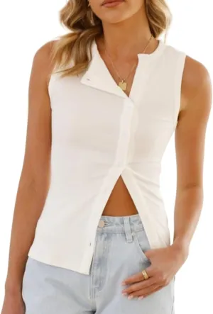 NUFIWI Women Ribbed Button Down Vest Sleeveless Crew Neck Open Front Shirt Tops Slim Fit Summer Casual Dressy Vest Top