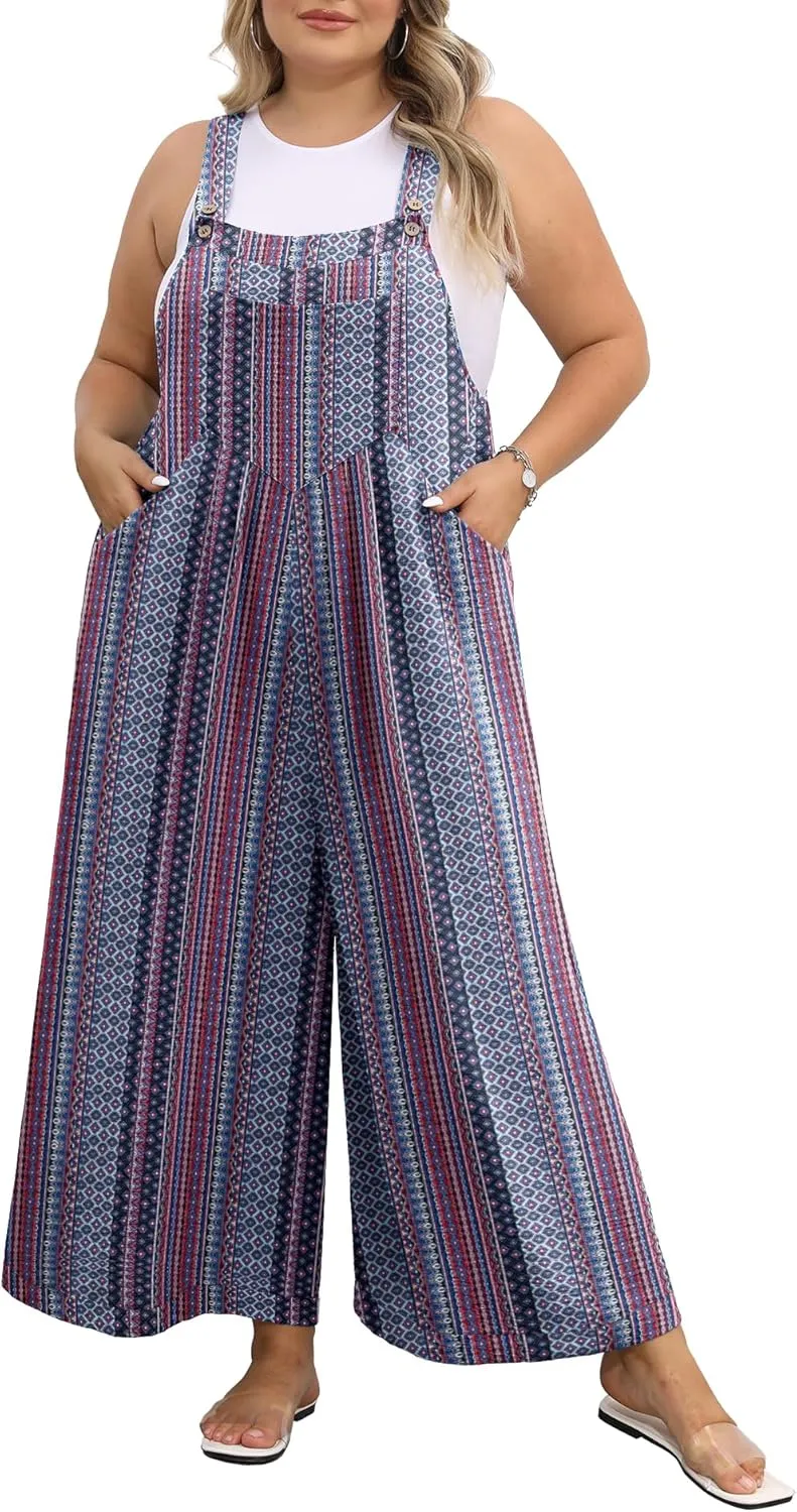 OLRIK Plus Size Jumpsuit for Women Wide Leg Casual Summer Rompers Adjustable Loose fit Overalls Jumper with Pockets