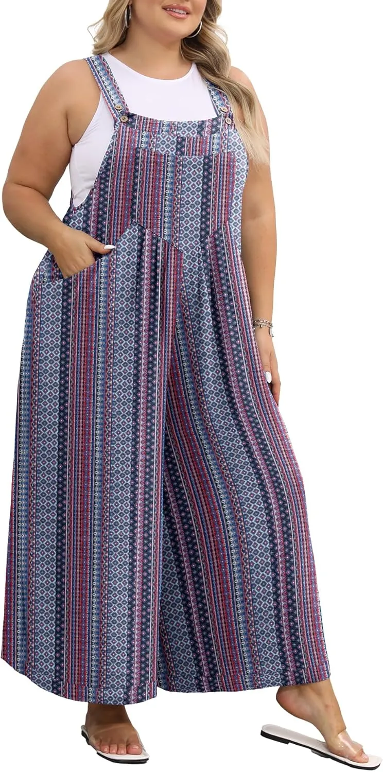 OLRIK Plus Size Jumpsuit for Women Wide Leg Casual Summer Rompers Adjustable Loose fit Overalls Jumper with Pockets