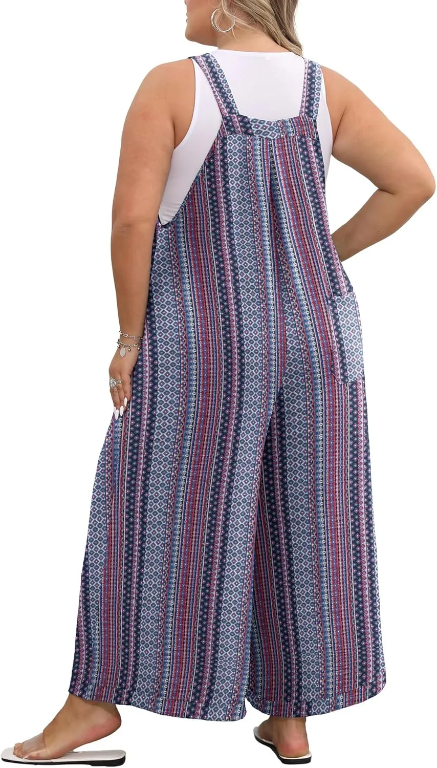 OLRIK Plus Size Jumpsuit for Women Wide Leg Casual Summer Rompers Adjustable Loose fit Overalls Jumper with Pockets