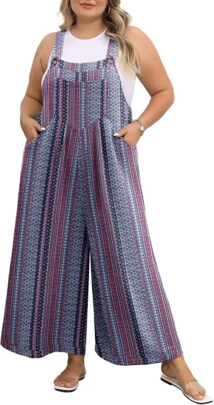 OLRIK Plus Size Jumpsuit for Women Wide Leg Casual Summer Rompers Adjustable Loose fit Overalls Jumper with Pockets