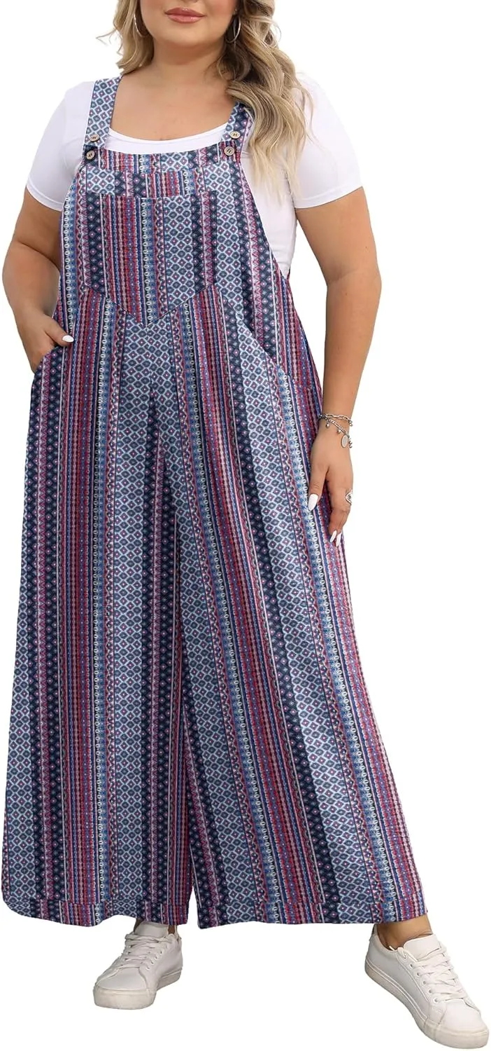 OLRIK Plus Size Jumpsuit for Women Wide Leg Casual Summer Rompers Adjustable Loose fit Overalls Jumper with Pockets
