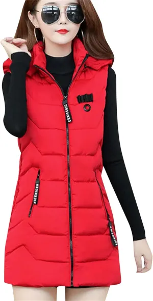 OMZIN Women's Winter Long Puffer Vest Zip up Slim Vest Lightweight Hooded Warm Down Cotton Vest