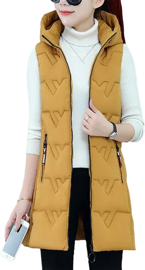 OMZIN Women's Winter Long Puffer Vest Zip up Slim Vest Lightweight Hooded Warm Down Cotton Vest