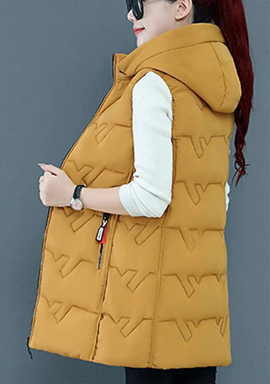 OMZIN Women's Winter Long Puffer Vest Zip up Slim Vest Lightweight Hooded Warm Down Cotton Vest
