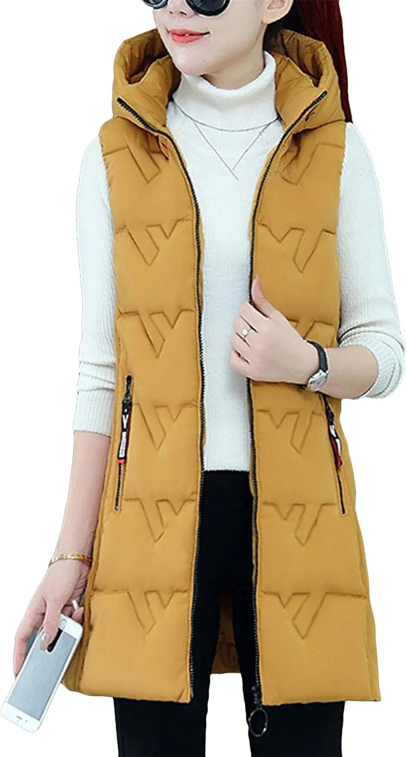 OMZIN Women's Winter Long Puffer Vest Zip up Slim Vest Lightweight Hooded Warm Down Cotton Vest