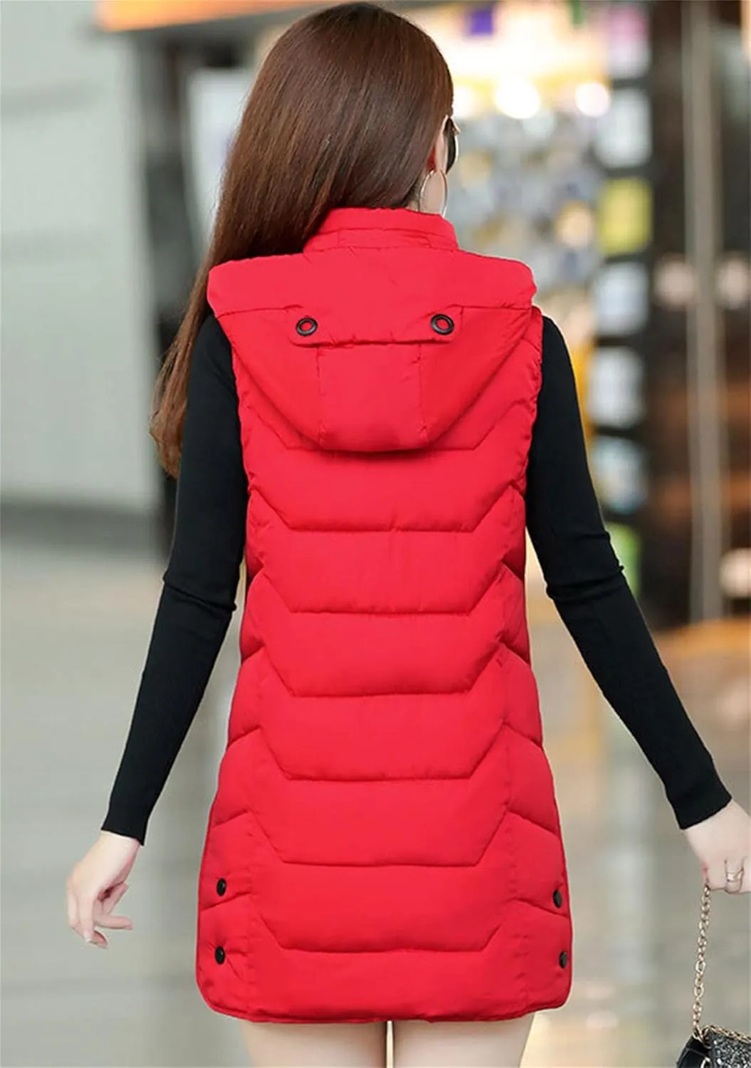 OMZIN Women's Winter Long Puffer Vest Zip up Slim Vest Lightweight Hooded Warm Down Cotton Vest