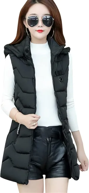 OMZIN Women's Winter Long Puffer Vest Zip up Slim Vest Lightweight Hooded Warm Down Cotton Vest
