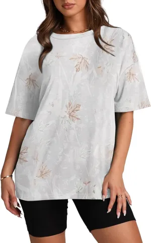 Oversized Camo Shirts for Women Men Maple Leaf Print Short Sleeve Crewneck T-Shirt Casual Loose Y2k Graphic Tee Tops