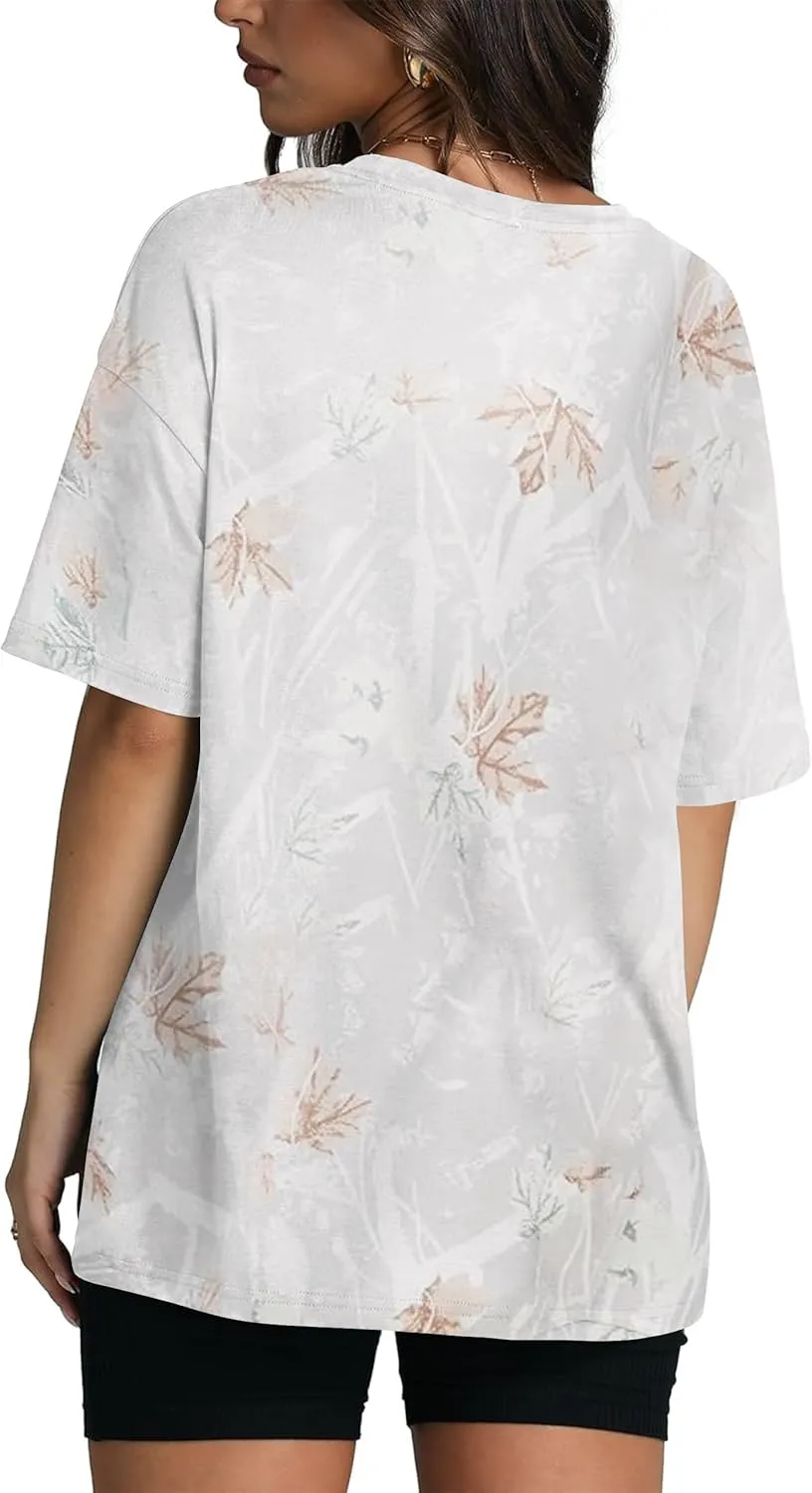 Oversized Camo Shirts for Women Men Maple Leaf Print Short Sleeve Crewneck T-Shirt Casual Loose Y2k Graphic Tee Tops
