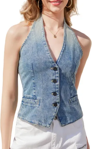 OVRUNS Womens Sleeveless Denim Vest Halter Neck Backless Petite Jean Waistcoat Top Summer Jacket