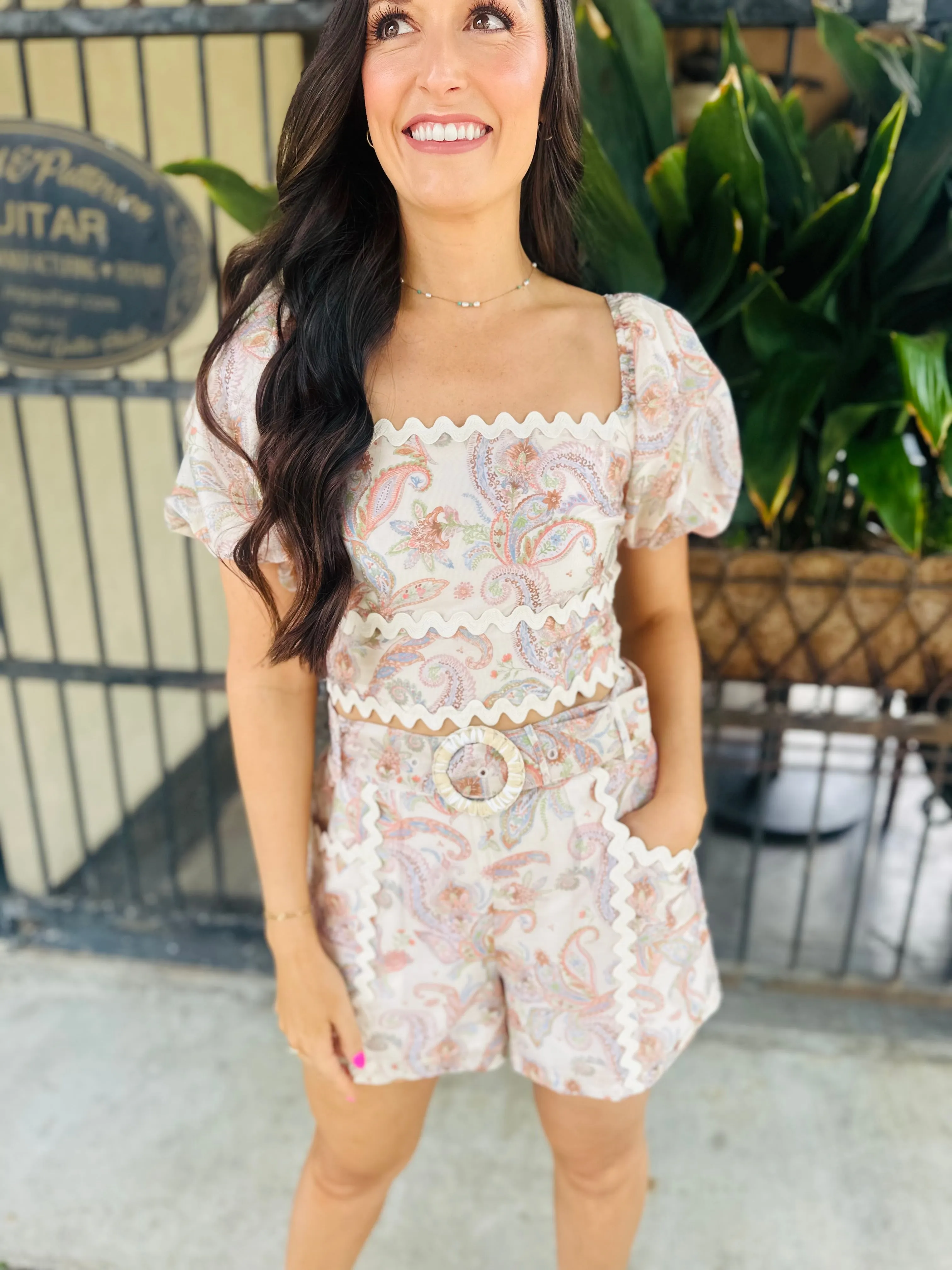 Paisley Belted Shorts- Cream