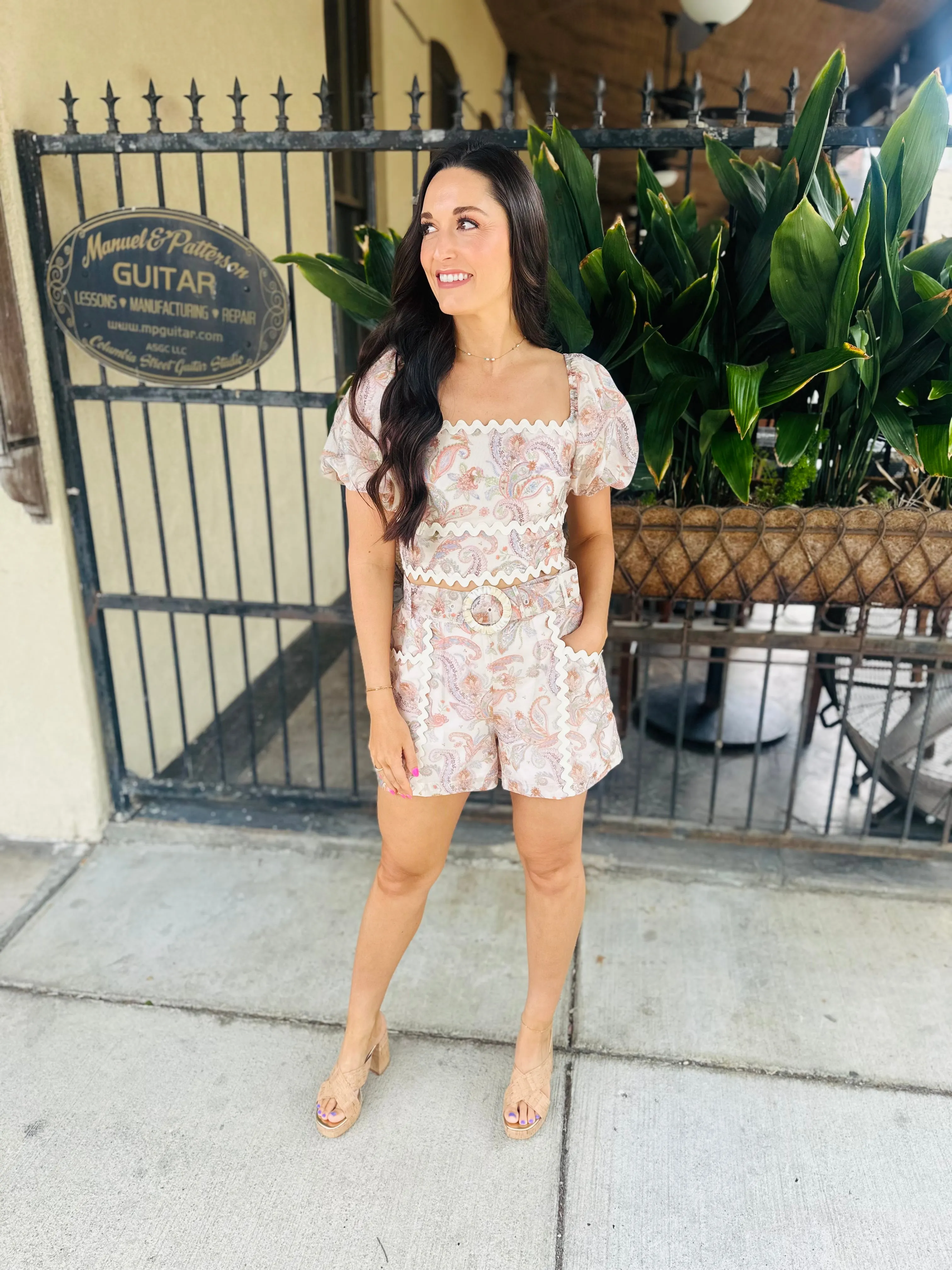 Paisley Belted Shorts- Cream