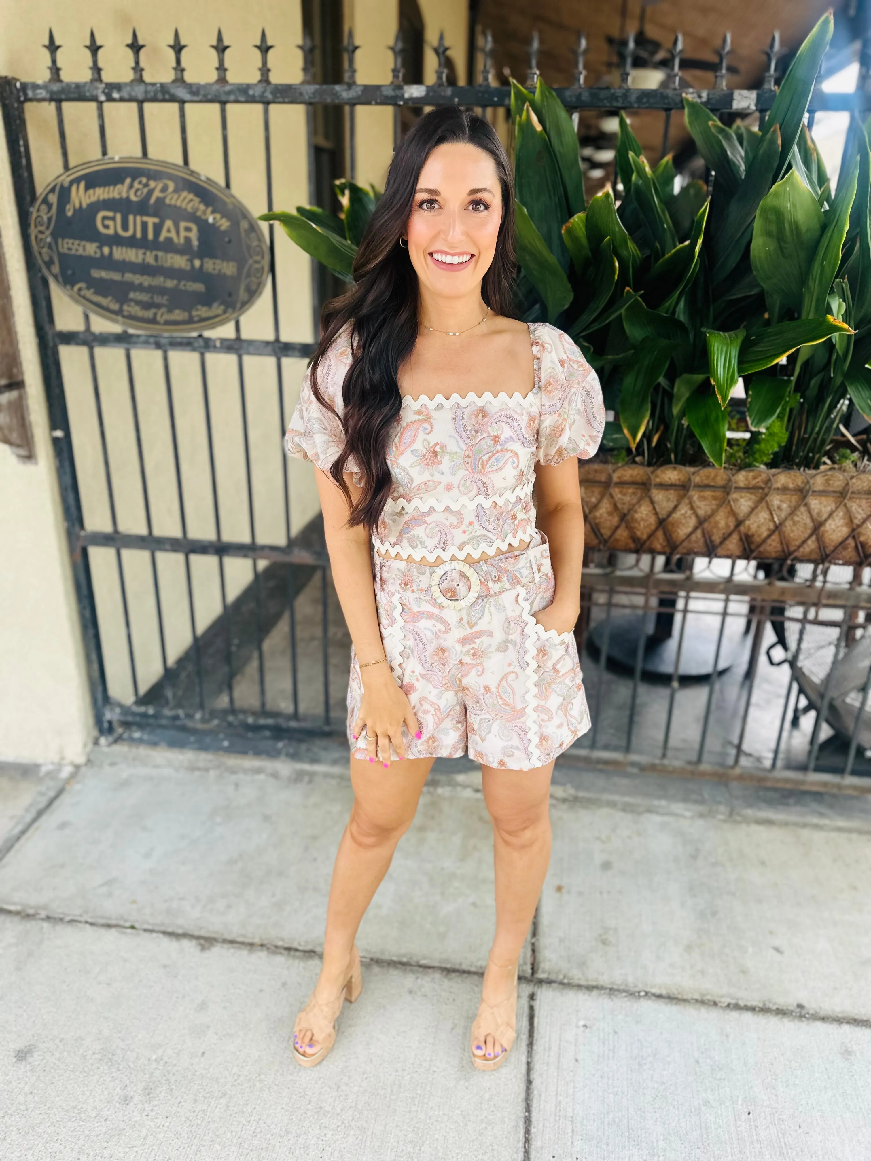 Paisley Belted Shorts- Cream