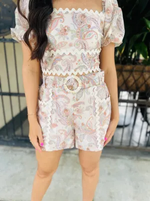 Paisley Belted Shorts- Cream