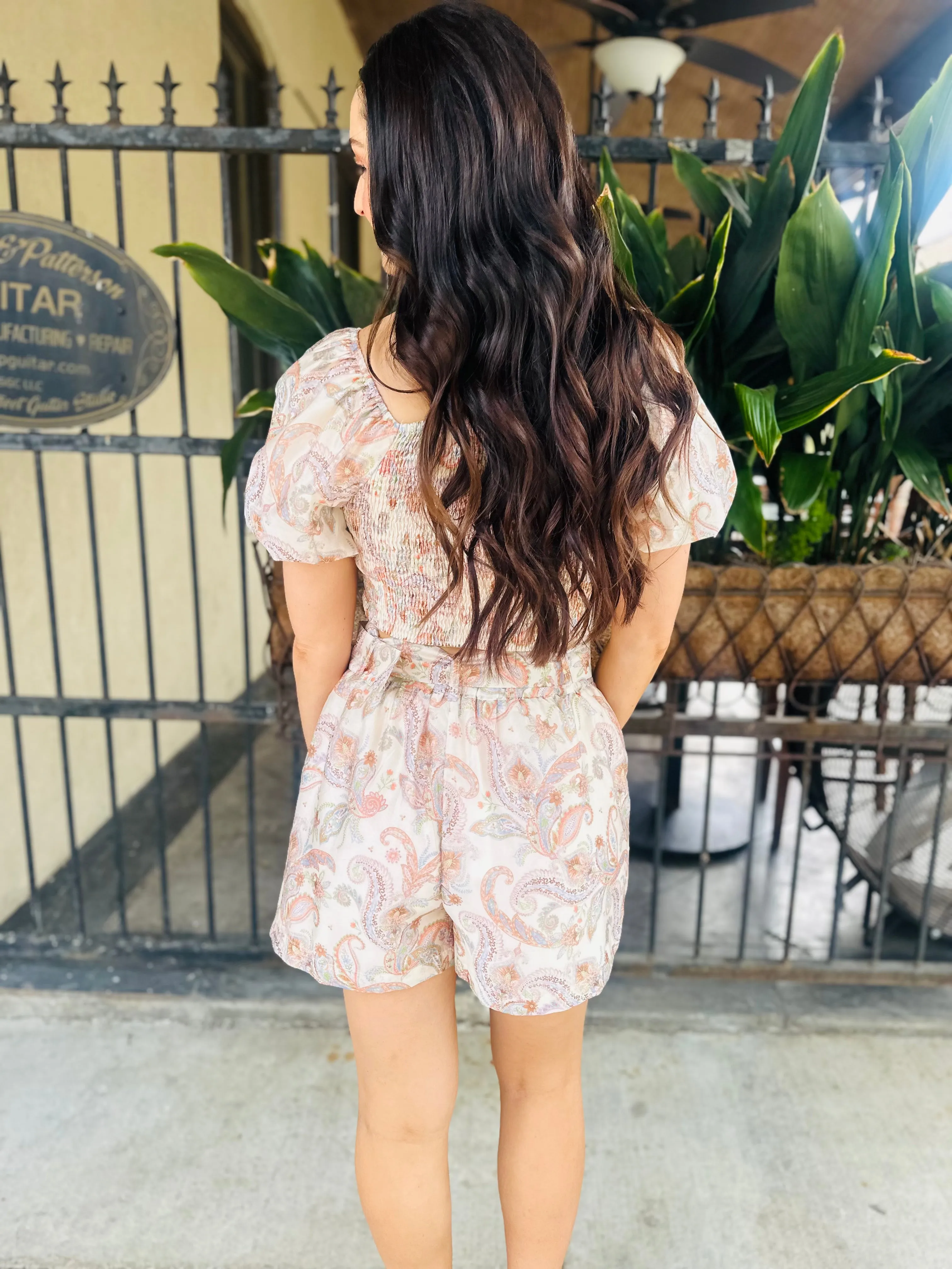 Paisley Belted Shorts- Cream