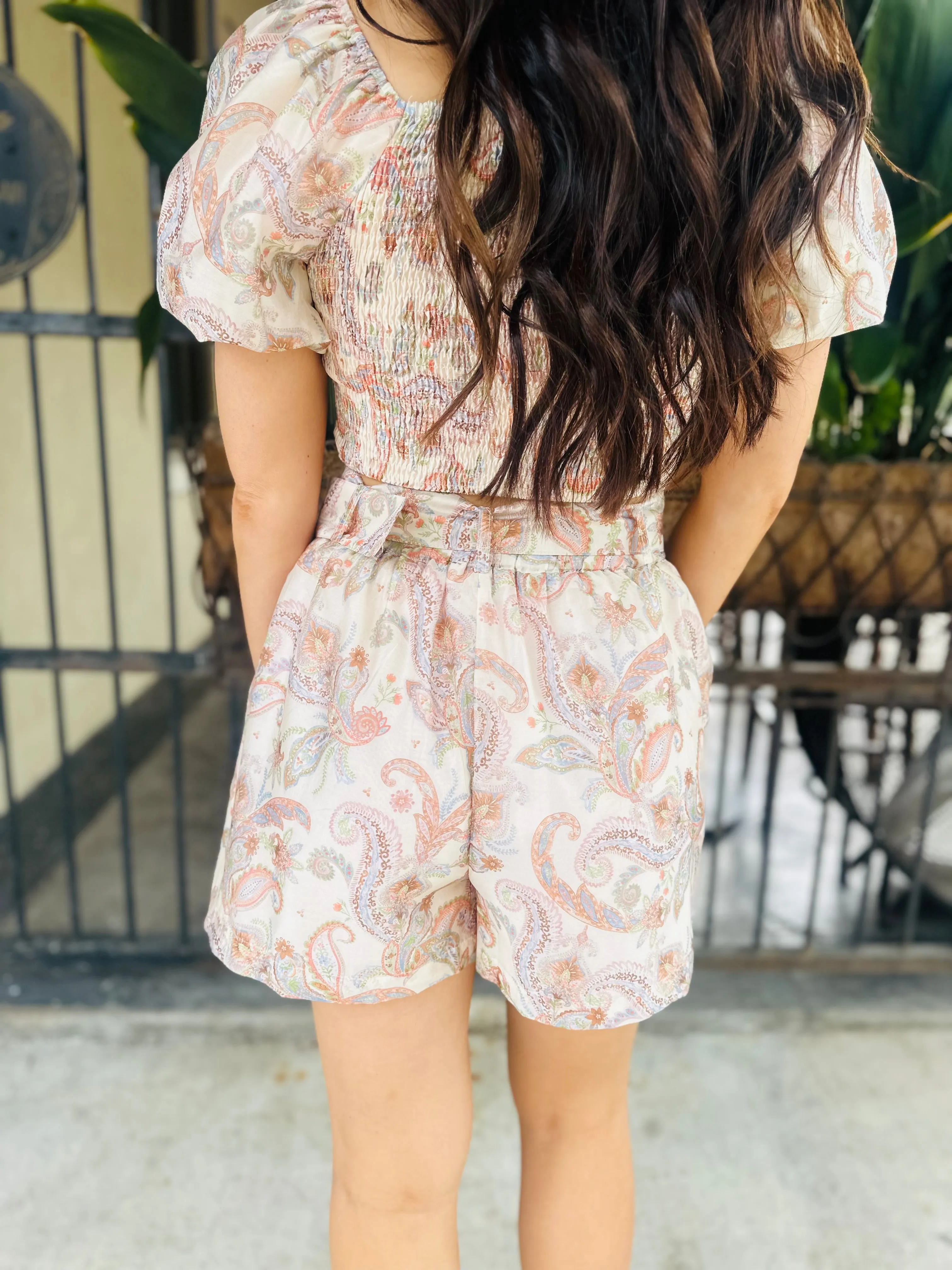 Paisley Belted Shorts- Cream