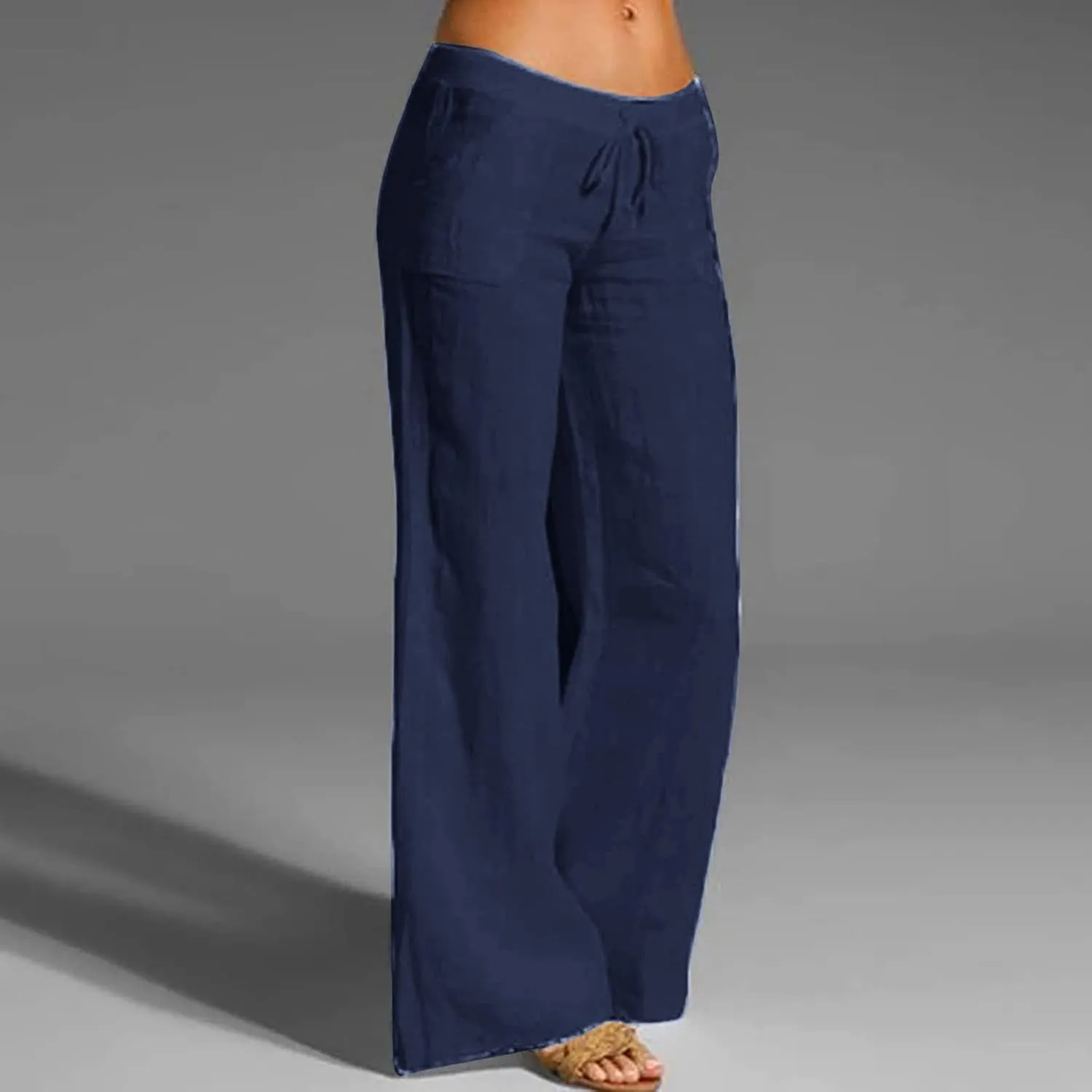 PANOEGSN Low Rise Pants for Women Cotton Linen Bootcut Pants Casual Drawstring Trousers Summer Solid Joggers with Pockets
