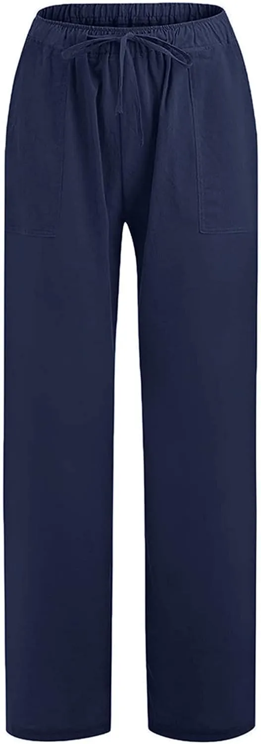 PANOEGSN Low Rise Pants for Women Cotton Linen Bootcut Pants Casual Drawstring Trousers Summer Solid Joggers with Pockets