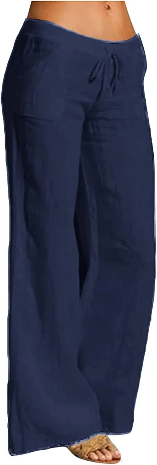 PANOEGSN Low Rise Pants for Women Cotton Linen Bootcut Pants Casual Drawstring Trousers Summer Solid Joggers with Pockets