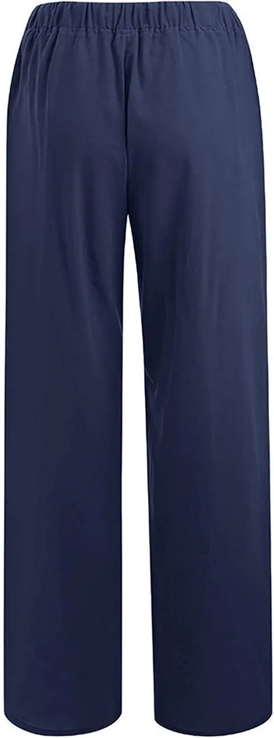 PANOEGSN Low Rise Pants for Women Cotton Linen Bootcut Pants Casual Drawstring Trousers Summer Solid Joggers with Pockets