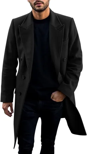PASLTER Mens Trench Coat Mid Long Double Breasted Slim Fit Peacoat Notched Lapel Winter Business Overcoat