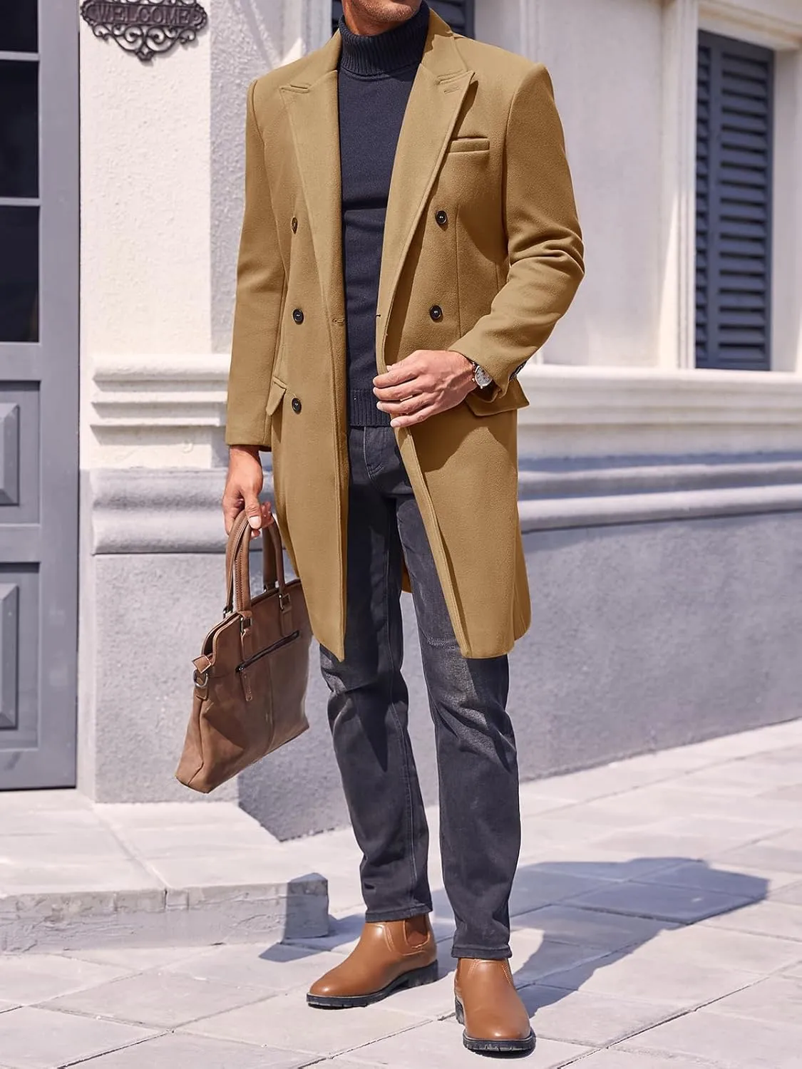 PASLTER Mens Trench Coat Mid Long Double Breasted Slim Fit Peacoat Notched Lapel Winter Business Overcoat