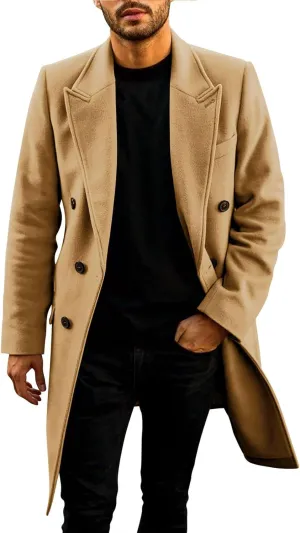 PASLTER Mens Trench Coat Mid Long Double Breasted Slim Fit Peacoat Notched Lapel Winter Business Overcoat
