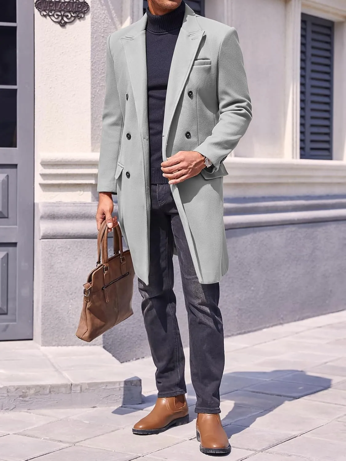 PASLTER Mens Trench Coat Mid Long Double Breasted Slim Fit Peacoat Notched Lapel Winter Business Overcoat