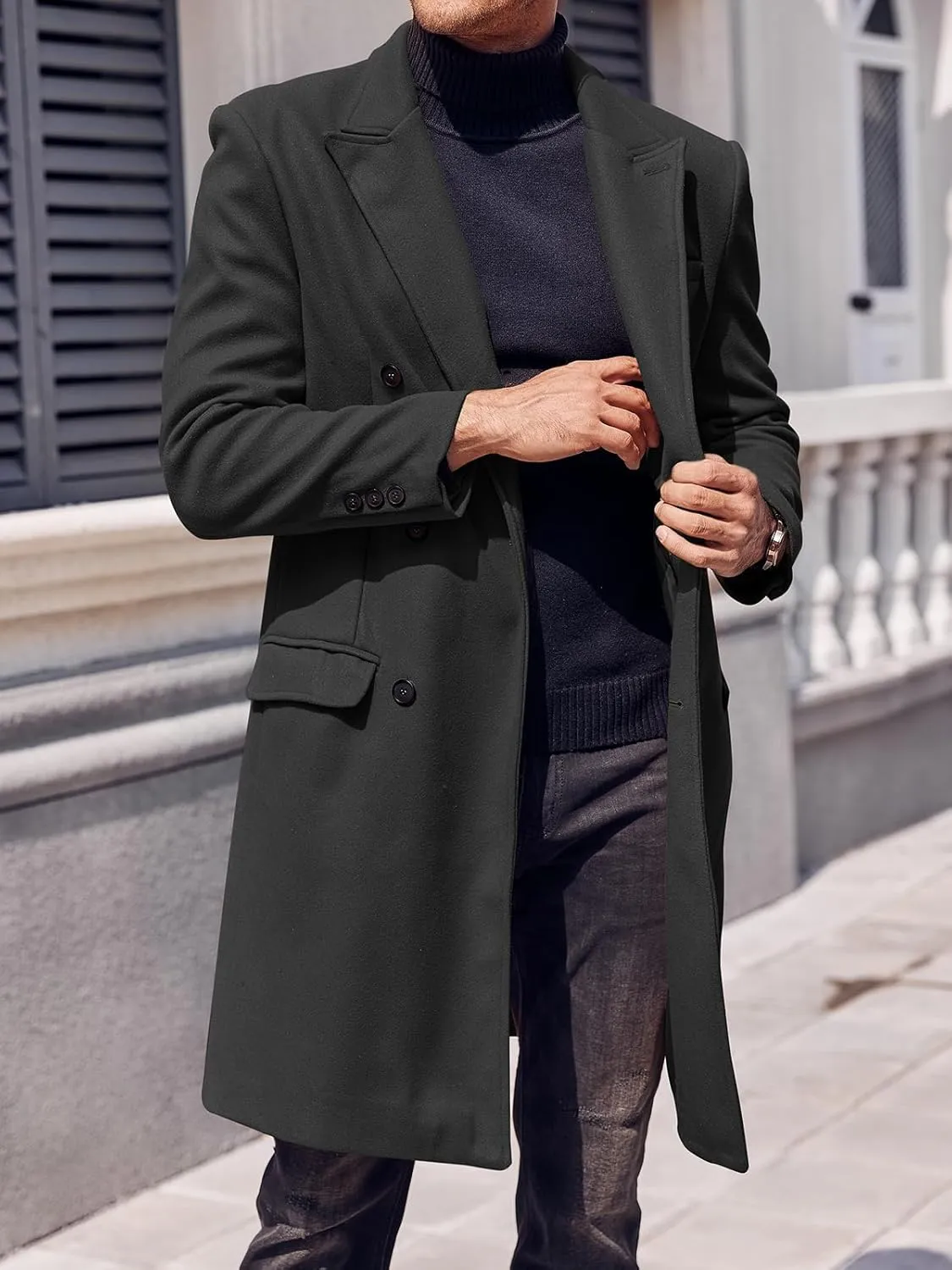 PASLTER Mens Trench Coat Mid Long Double Breasted Slim Fit Peacoat Notched Lapel Winter Business Overcoat
