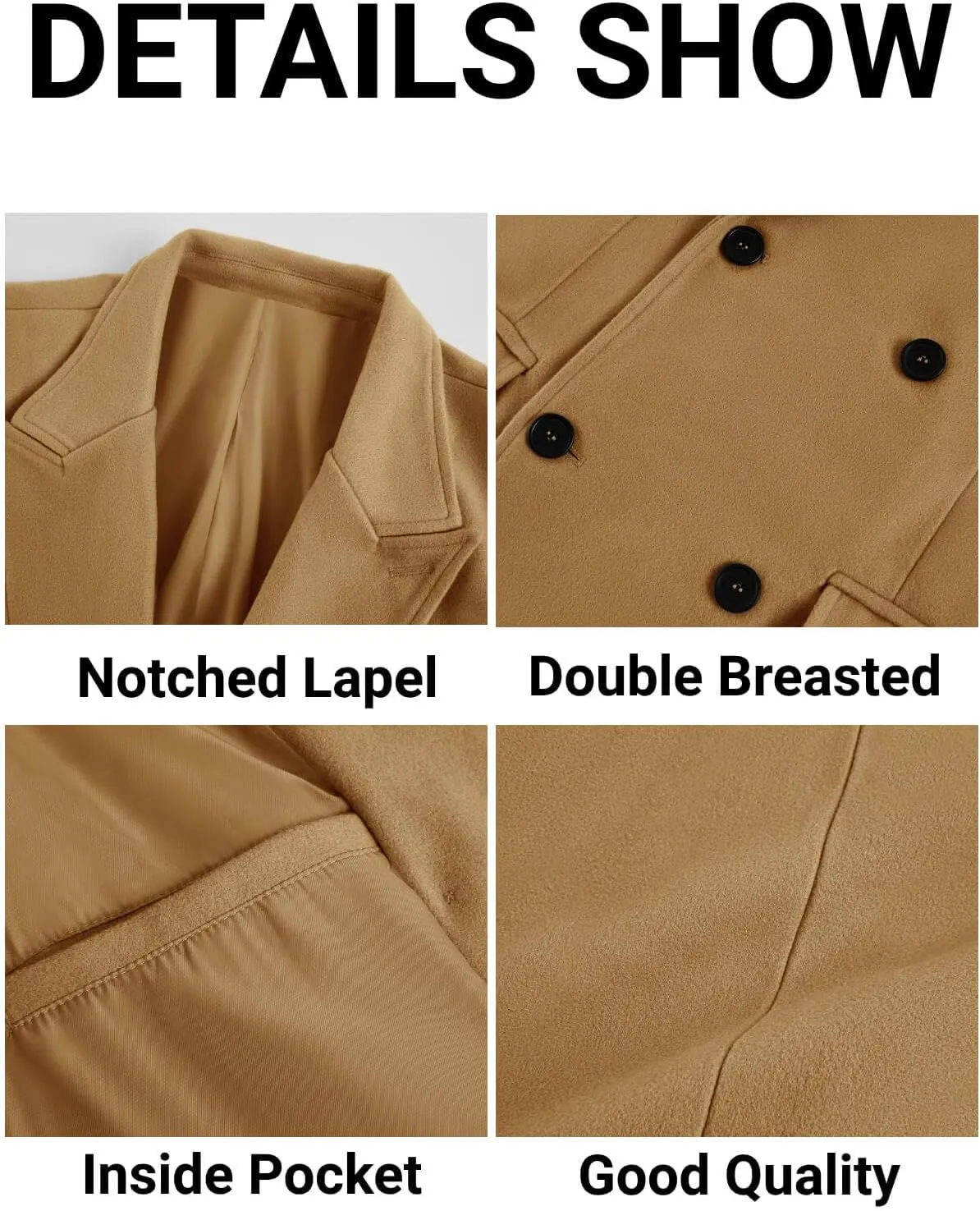 PASLTER Mens Trench Coat Mid Long Double Breasted Slim Fit Peacoat Notched Lapel Winter Business Overcoat
