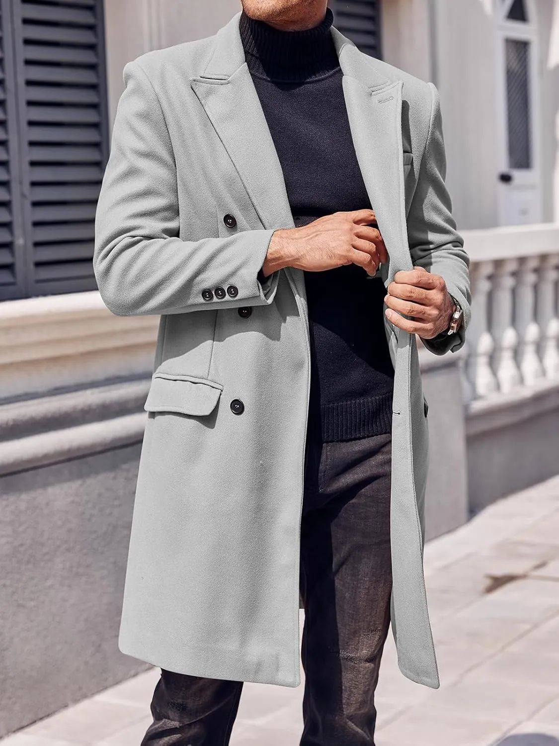 PASLTER Mens Trench Coat Mid Long Double Breasted Slim Fit Peacoat Notched Lapel Winter Business Overcoat